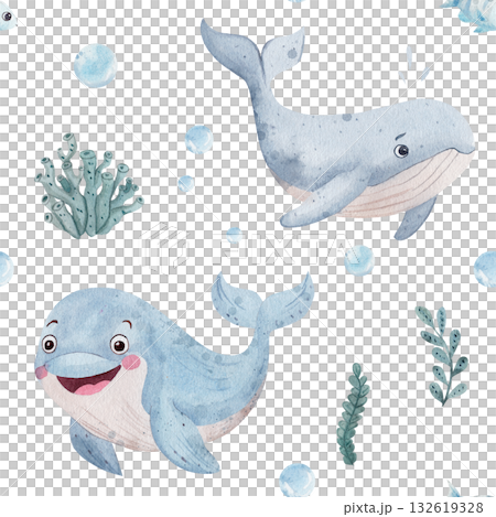 Seamless watercolor pattern with a blue smiling whale, dolphin, fish, seaweed, and air bubbles. Children's style illustration, white background. Marine theme for design, postcards Seamless watercolor pattern with a blue smiling whale, dolphin, fish, seaweed, and air bubbles. Children's style illustration, white background. Marine theme for design, postcards 132619328