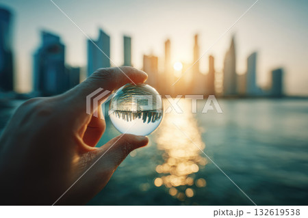 Hand gently holding glass sphere reflects modern city skyline at sunset, with tall buildings and water in background, creating dreamy and contemplative atmosphere Hand gently holding glass sphere reflects modern city skyline at sunset, with tall buildings and water in background, creating dreamy and contemplative atmosphere 132619538