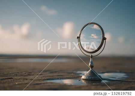 Small round mirror reflecting blue sky and clouds stands on wet sand, creating peaceful and hopeful atmosphere with soft natural light and blurred background Small round mirror reflecting blue sky and clouds stands on wet sand, creating peaceful and hopeful atmosphere with soft natural light and blurred background 132619792