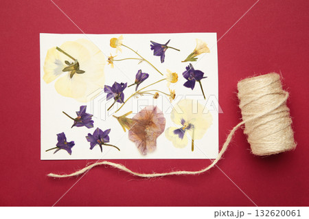 Pressed and dried flowers with twine on red background. For use in scrapbooking, floristry or herbarium. 132620061