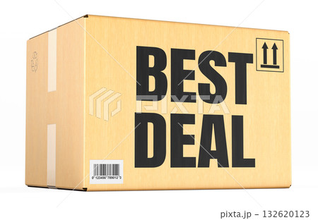 Best Deal, cardboard box parcel with text. 3D rendering Best Deal, cardboard box parcel with text. 3D rendering 132620123
