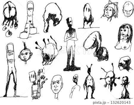 many hand drawn sketches of skulls and scary horror and funny creatures and beasts and skeletons and dead monsters 132620143
