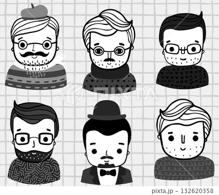 Hand drawn handsome modern vector men faces, busts with sweaters, costumes, beard, mustache and eyeglasses, Retro doodle character illustrations for social media, business graphic design 132620358