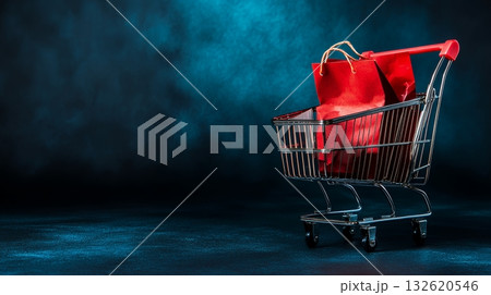 A shopping cart filled with red bags against a dark background, showcasing retail and commerce themes with copy space 132620546
