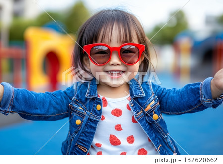 A cheerful toddler girl wearing red sunglasses and a denim jacket smiles broadly while playing outdoors 132620662