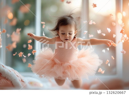 A cute toddler girl in a peach tulle tutu joyfully leaps amidst falling flower petals, capturing a moment of childlike wonder 132620667