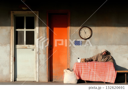 A homeless man rests with his dog near a weathered building, time marked by a clock and a faded flag A homeless man rests with his dog near a weathered building, time marked by a clock and a faded flag 132620691