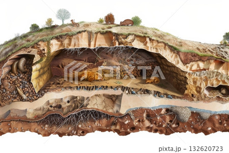 Gopher burrow system unveiled. Tunnels, chambers, and habitat revealed. A glimpse into its subterranean world 132620723