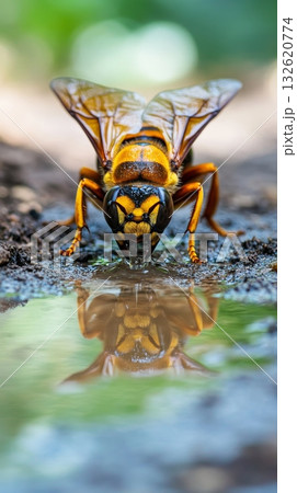 Extreme close up of a hornet drinking water from a puddle, with its detailed face and body reflected in the water surface, showcasing nature's intricate design 132620774