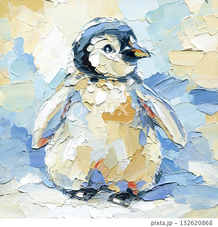 Baby Penguin Oil Painting, Cute Winter Bird Impasto on canvas. Art with Blue and Cream Texture, poster 132620868