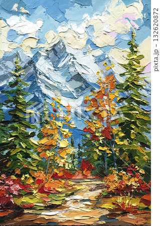 Mountain Path in Autumn Forest. Colorado Textured Impasto Oil Painting on canvas with Snowy Peaks and Golden Trees Mountain Path in Autumn Forest. Colorado Textured Impasto Oil Painting on canvas with Snowy Peaks and Golden Trees 132620872