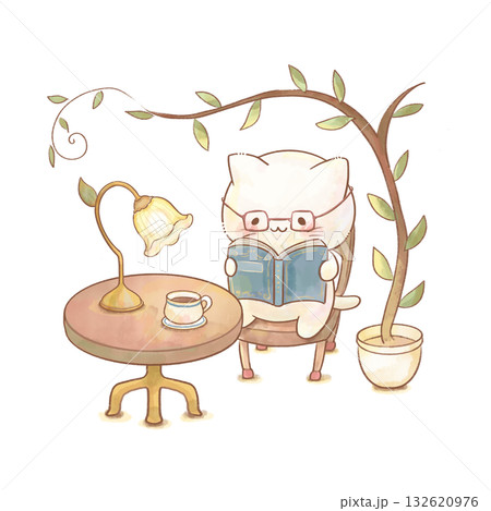 本を読む猫の水彩イラスト、自分の世界に没頭する子ども向け教材・発達障害・メンタル（白背景・透過対応） 132620976