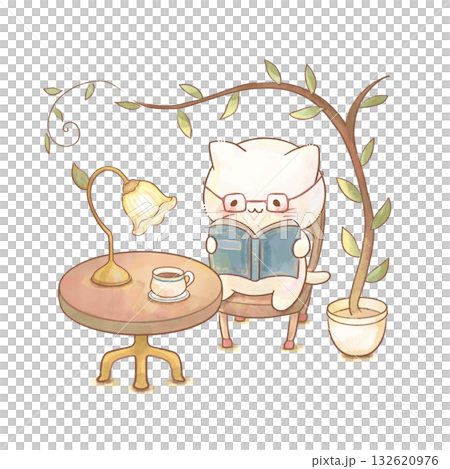 本を読む猫の水彩イラスト、自分の世界に没頭する子ども向け教材・発達障害・メンタル（白背景・透過対応） 132620976