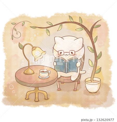 水彩風のカフェで読書をする猫のイラスト(やさしいくすみカラー・コピースペースあり) 水彩風のカフェで読書をする猫のイラスト(やさしいくすみカラー・コピースペースあり) 132620977