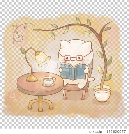 水彩風のカフェで読書をする猫のイラスト(やさしいくすみカラー・コピースペースあり) 水彩風のカフェで読書をする猫のイラスト(やさしいくすみカラー・コピースペースあり) 132620977