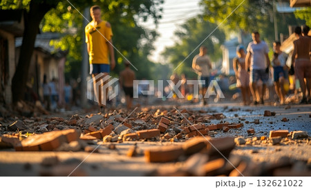A city street scene after a disaster shows broken bricks and rubble on the ground, with blurred figures of people walking in the background A city street scene after a disaster shows broken bricks and rubble on the ground, with blurred figures of people walking in the background 132621022