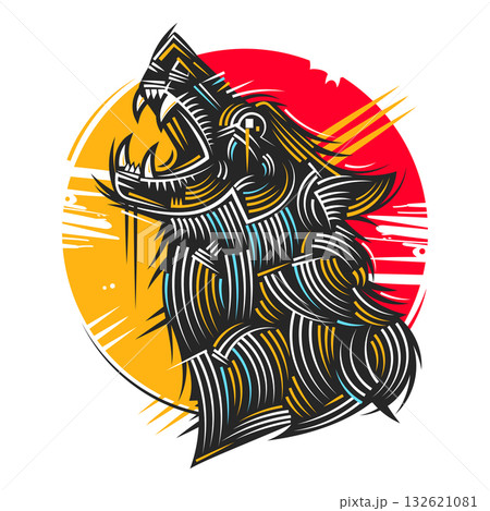 Silhouette of a wild wolf howling at the bright full moon on rocky cliff during a dark night. Vector illustration of a lone predator. 132621081