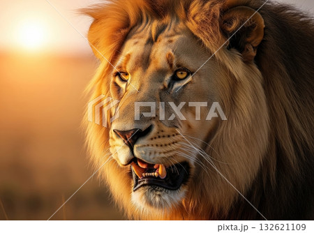 A close-up shot captures the intense gaze of a majestic lion in the golden light, showcasing its powerful presence and raw nature against a blurred savanna backdrop 132621109