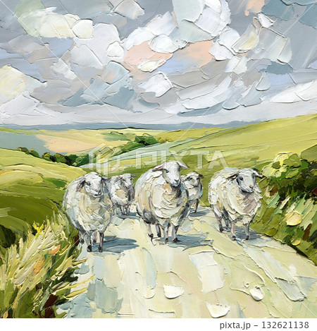 Sheep in Green Hills, Textured Impasto Oil Painting of Countryside Landscape under Cloudy Sky Sheep in Green Hills, Textured Impasto Oil Painting of Countryside Landscape under Cloudy Sky 132621138