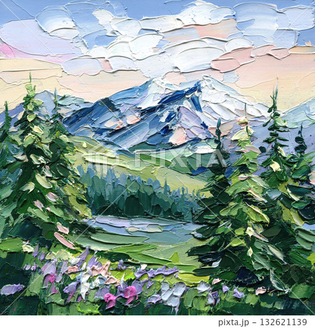 Mountain Landscape with Pine Trees, Textured Impasto Oil Painting on canvas in Green and Blue Tones, postcard Mountain Landscape with Pine Trees, Textured Impasto Oil Painting on canvas in Green and Blue Tones, postcard 132621139