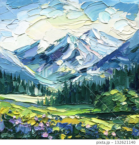 Blue Mountain Valley, Textured Impasto Oil Painting with Bright Sky and Green Forest Landscape Blue Mountain Valley, Textured Impasto Oil Painting with Bright Sky and Green Forest Landscape 132621140