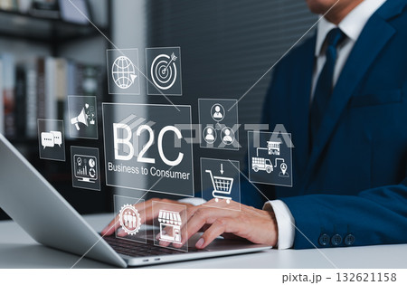 B2C marketing and e-commerce concept. Business to consumer, businessman using laptop, icons for online shopping, digital marketing, consumer analytics, delivery service, customer engagement strategy, B2C marketing and e-commerce concept. Business to consumer, businessman using laptop, icons for online shopping, digital marketing, consumer analytics, delivery service, customer engagement strategy, 132621158