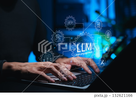 LLM Large Language Model and AI technology concept. Man using laptop with LLM interface icons, artificial intelligence, deep learning, machine learning, natural language processing, Chat AI, Chatbot, 132621166