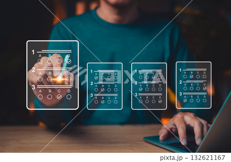 Online exam and digital assessment concept with person selecting answers on virtual multiple-choice test interface, representing modern e-learning, education technology and remote testing systems. 132621167