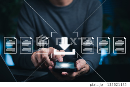 Digital File Download and Data Transfer Technology Concept. Man using smartphone to download document files symbolizing file access, software, cloud storage, file management, data transfer technology, Digital File Download and Data Transfer Technology Concept. Man using smartphone to download document files symbolizing file access, software, cloud storage, file management, data transfer technology, 132621183