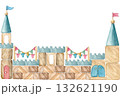 Assembled from wooden blocks and hand-painted in watercolor on an isolated white background, the festive castle is suitable for creating compositions, decorating cards, invitations and gift wrapping. 132621190