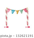 Colorful flags on poles, hand-drawn in watercolor on an isolated white background, are suitable for creating compositions, decorating postcards, invitations, and organizing holidays and contests. 132621191