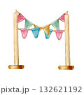 Colorful flags on poles, hand-drawn in watercolor on an isolated white background, are suitable for creating compositions, decorating postcards, invitations, and organizing holidays and contests. 132621192