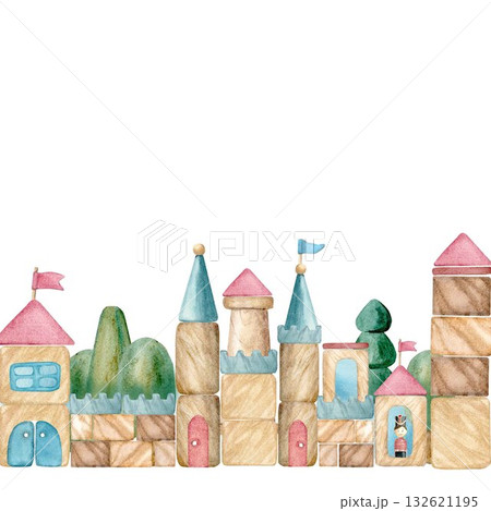 Assembled from wooden blocks and hand-painted in watercolor on an isolated white background, the festive castle is suitable for creating compositions, decorating cards, invitations and gift wrapping. 132621195