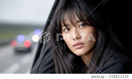 Young asian woman gazes thoughtfully from a vehicle while traveling on a highway Young asian woman gazes thoughtfully from a vehicle while traveling on a highway 132621524