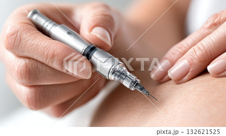 Close-up of Hands Injecting Insulin Pen into Abdomen, GLP-1 Self-Injection Concept Close-up of Hands Injecting Insulin Pen into Abdomen, GLP-1 Self-Injection Concept 132621525
