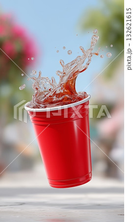 Colorful beverage splashes from a red cup in a lively outdoor setting 132621615
