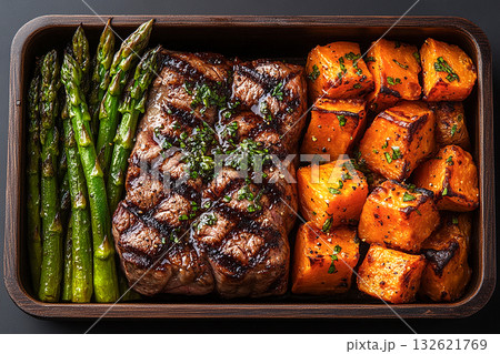 Modern lunch container. Paleo lunch box. Featuring grilled steak, roasted sweet potatoes, and steamed asparagus. Packed in a wooden container. Modern lunch container. Paleo lunch box. Featuring grilled steak, roasted sweet potatoes, and steamed asparagus. Packed in a wooden container. 132621769