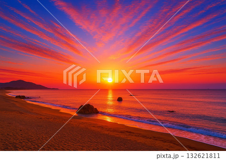 渥美半島　赤羽根ロングビーチと日出の石門　朝焼け 132621811