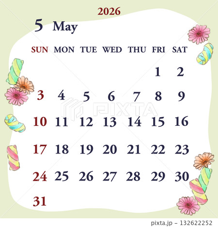 2026年5月のカレンダー　日曜日始まり 132622252