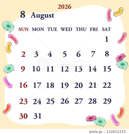 2026年8月のカレンダー 日曜日始まり 2026年8月のカレンダー 日曜日始まり 132622255