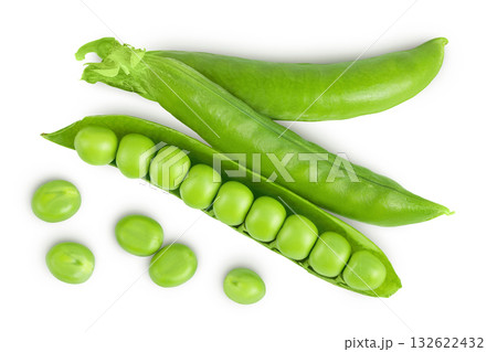 Fresh green pea pod with beans isolated on white background. Top view. Flat lay 132622432
