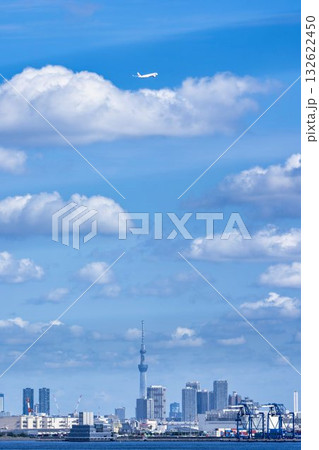 羽田空港の風景　離陸中の飛行機と東京スカイツリー　東京都大田区 132622450