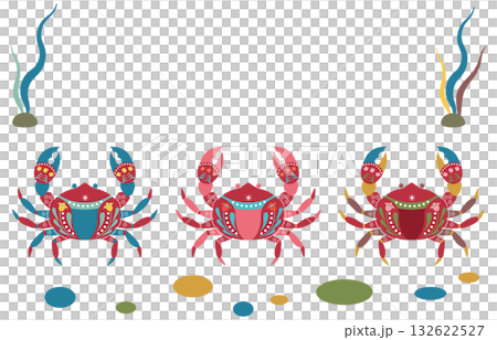 一套可愛的裝飾螃蟹插圖，帶有斯堪的納維亞風格的裝飾圖案。 132622527