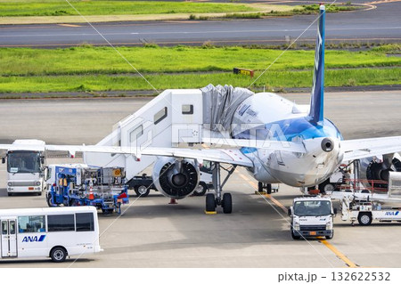羽田空港の風景　到着した飛行機とタラップ車　東京都大田区 132622532