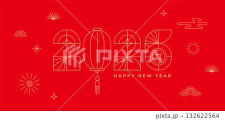 Minimalist linear Happy Chinese New Year 2026 template 132622564