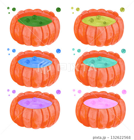 A magical pumpkin witch's cauldron with a bright, playful, and bubbly potion. The illustration is done in a watercolor style. This illustration is perfect for seasonal merchandise, themed party invita 132622568