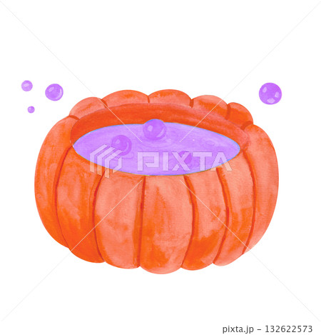 A magical pumpkin witch's cauldron with a bright, playful, and bubbly potion. The illustration is done in a watercolor style. This illustration is perfect for seasonal merchandise, themed party invita 132622573