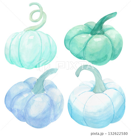 A set of decorative pumpkins in shades of blue and mint. These vibrant, rich pumpkins in natural tones are executed in a watercolor style. These illustrations are perfect for seasonal merchandise, the A set of decorative pumpkins in shades of blue and mint. These vibrant, rich pumpkins in natural tones are executed in a watercolor style. These illustrations are perfect for seasonal merchandise, the 132622580