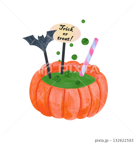A composition featuring a magical pumpkin witch's cauldron, a brightly colored magical potion with cheerful bubbles, a cocktail straw, and themed drink garnishes. The illustration is done in a waterco 132622583
