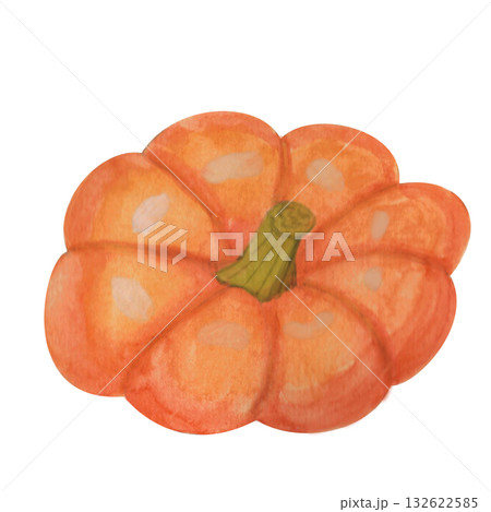 Orange pumpkin with stem. This vibrant, rich pumpkin in natural tones is executed in a watercolor style. This illustration is perfect for seasonal merchandise, themed party invitations, fall menus, an 132622585